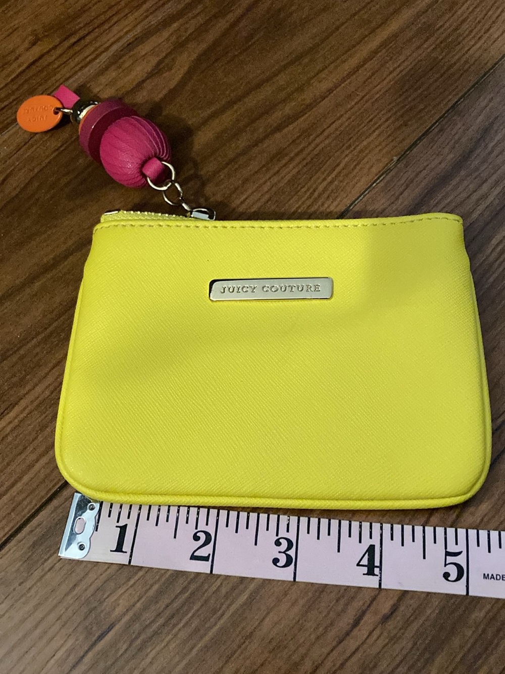 Juicy Couture Bright Yellow Card Zip Pouch with Pink Charm